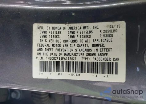 2015 Honda Accord Ex-L from USA, damaged, VIN 1HGCR2F85FA192029